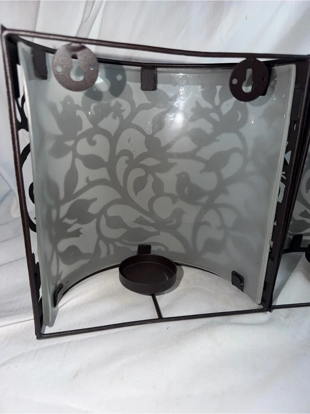 Set of 2 Bird & Branch Metal Wall Candle Sconces with Frosted Glass
